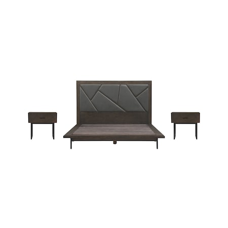 Armen Living Marquis 3 Piece Queen Size Platform Bed Frame Bedroom Set in Oak Wood with Faux Leather Headboard SETMUBDGRQN3A